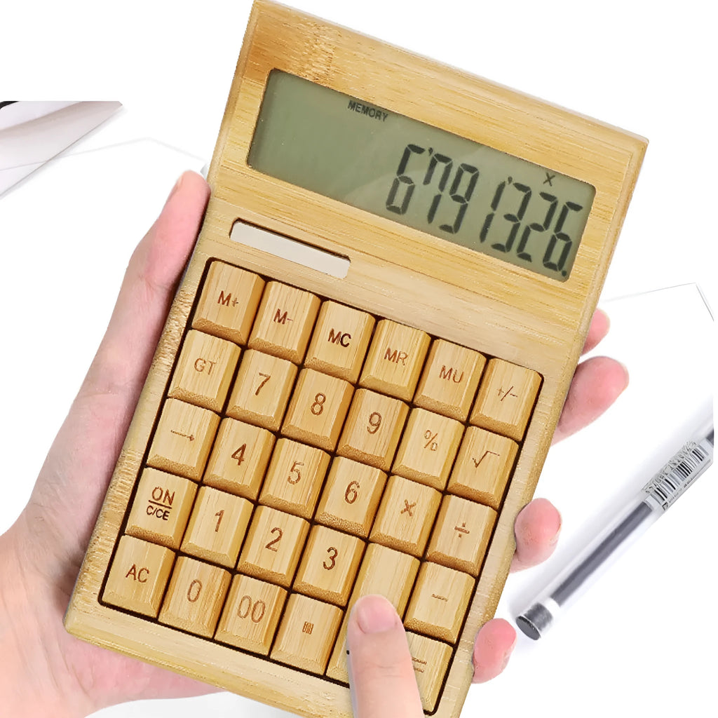 Solar bamboo calculator with natural bamboo casing and solar panel on office desk
