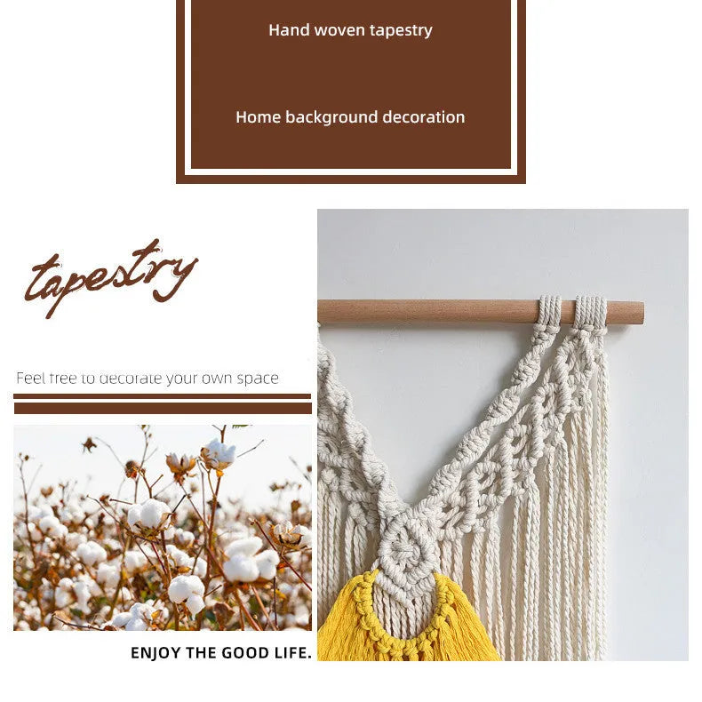 Hand-woven creamy-white cotton Nordic tapestry with yellow accents, 120cm by 95cm rectangular wall hanging.