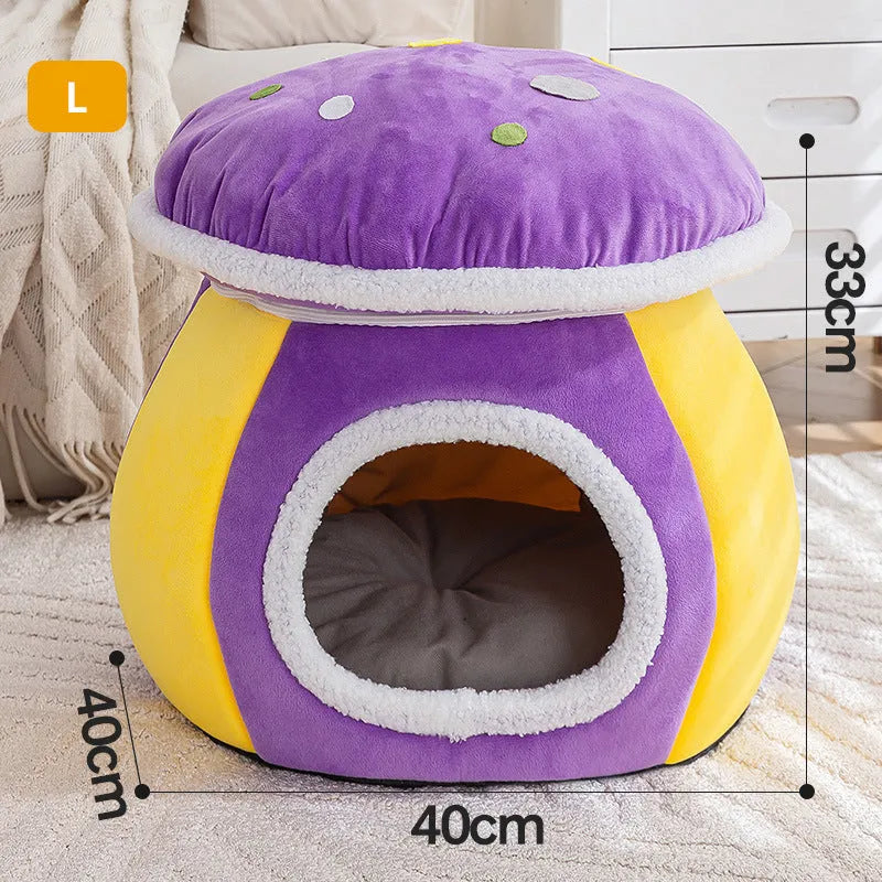 Mushroom-shaped cat nest with plush lining in grey, pink, or purple colours