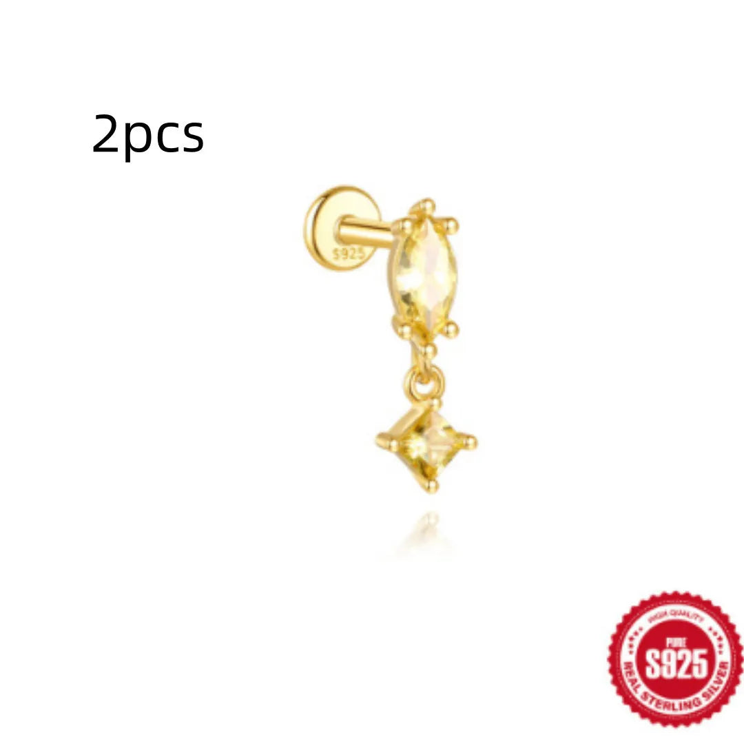 S925 sterling silver water drop shaped earrings with a flat spiral geometric design on a white background.