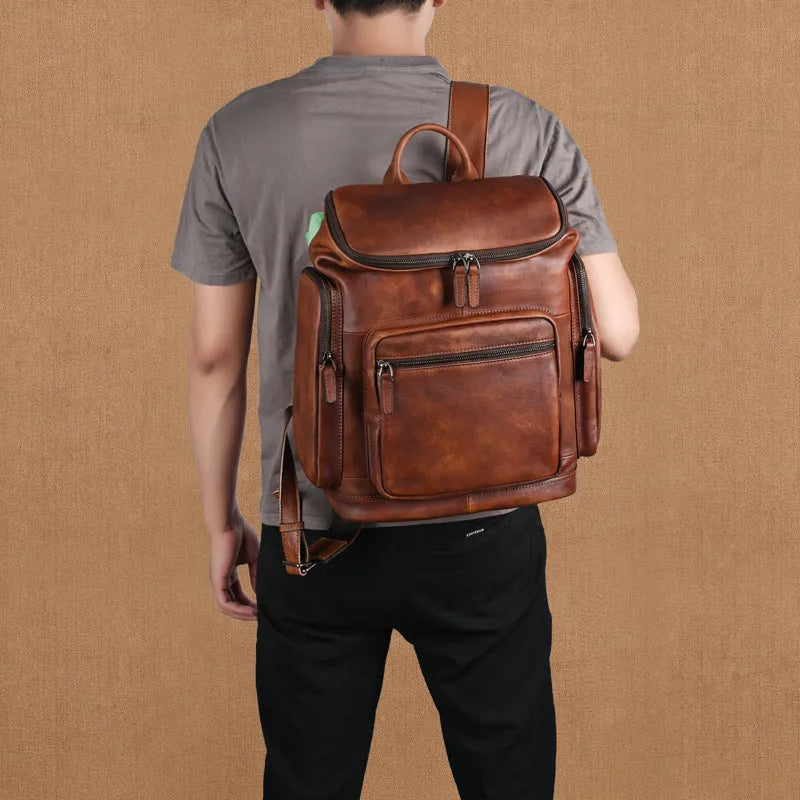 Genuine retro double-layer cowhide backpack for men in light brown with patchwork detailing