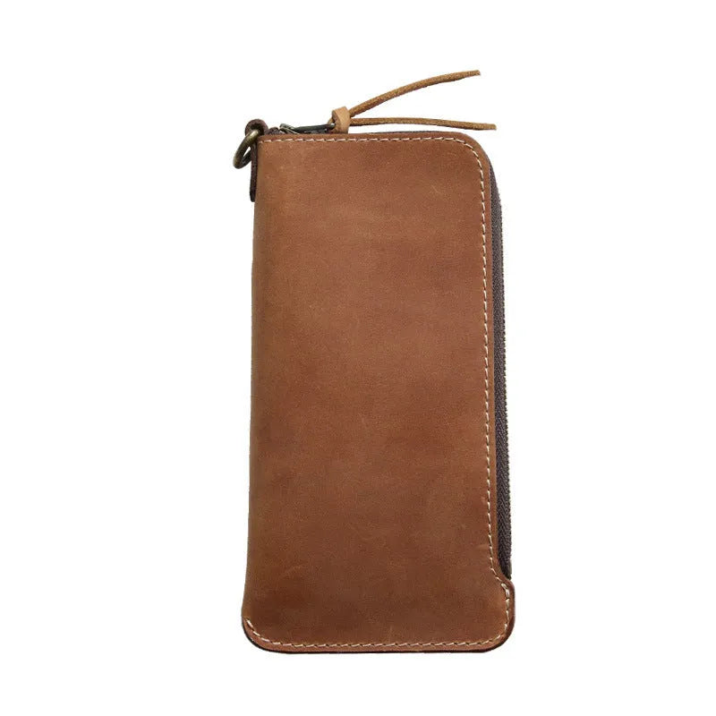 Men's genuine leather wallet with zipper, top layer cowhide, dark brown Crazy Horse finish, 18 cm length