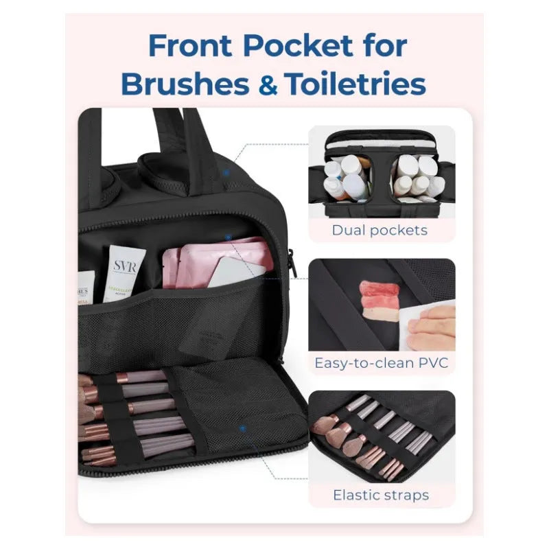 Large lightweight travel toiletry bag in polyester with wide opening, shown in available colours.