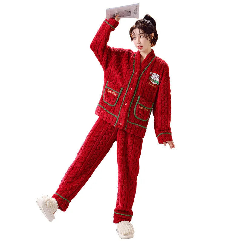 Winter women's flannel homewear leisure set in red Christmas print with top and pants