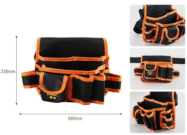 Orange canvas tool belt bag with oxford cloth outer, 564mm length, and 10kg load capacity on a construction site