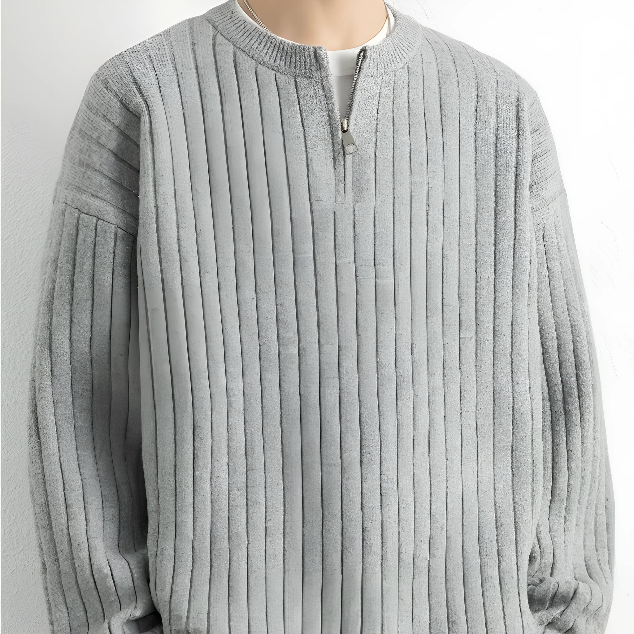 Men's grey half zip pullover sweater with texture knitting and loose fit design