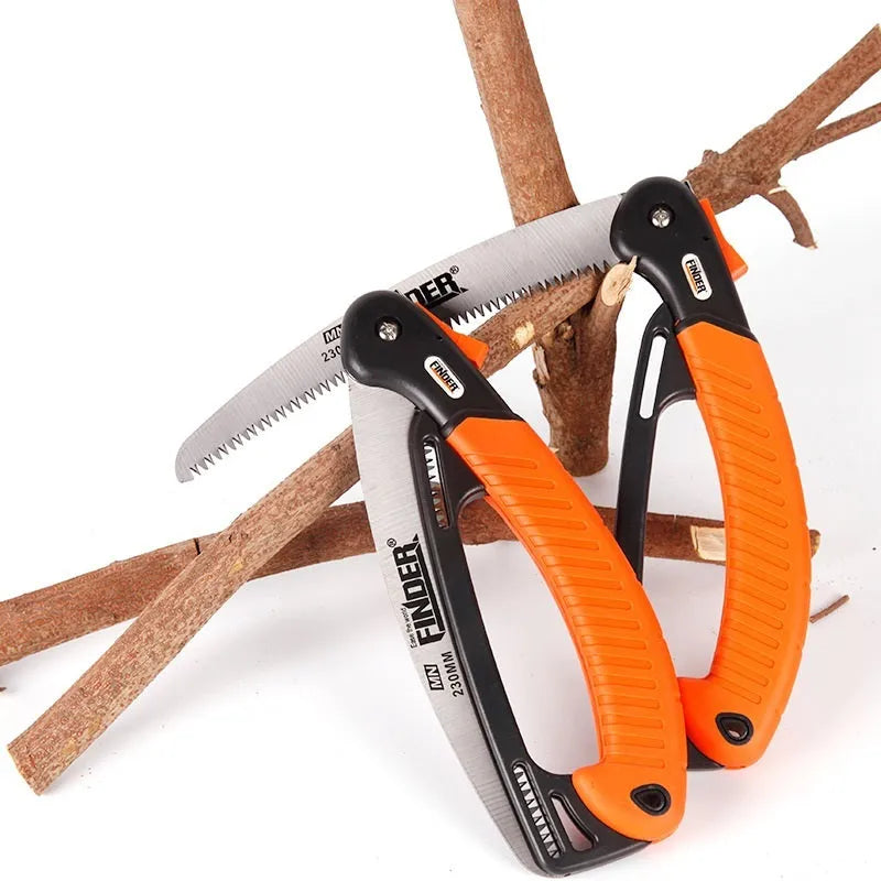 Folding garden trunk saw with 230mm steel blade and TPR grip handle in folded position