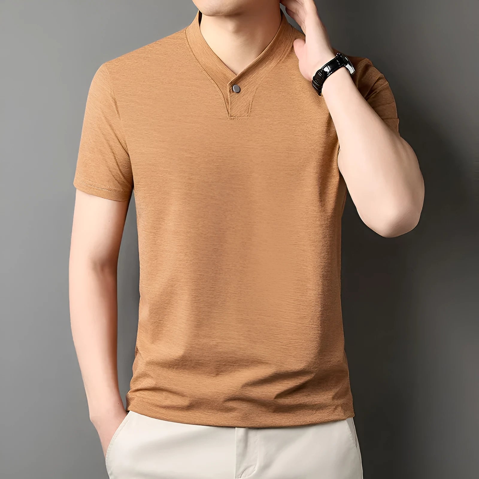 Men's short sleeve t-shirt with zip detail in lightweight polyester fabric for summer casual wear