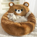 Cute bear-patterned plush cat and dog bed tent with removable cushion, available in blue or brown