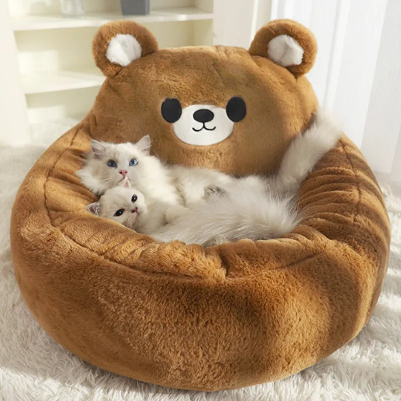 Cute bear-patterned plush cat and dog bed tent with removable cushion, available in blue or brown