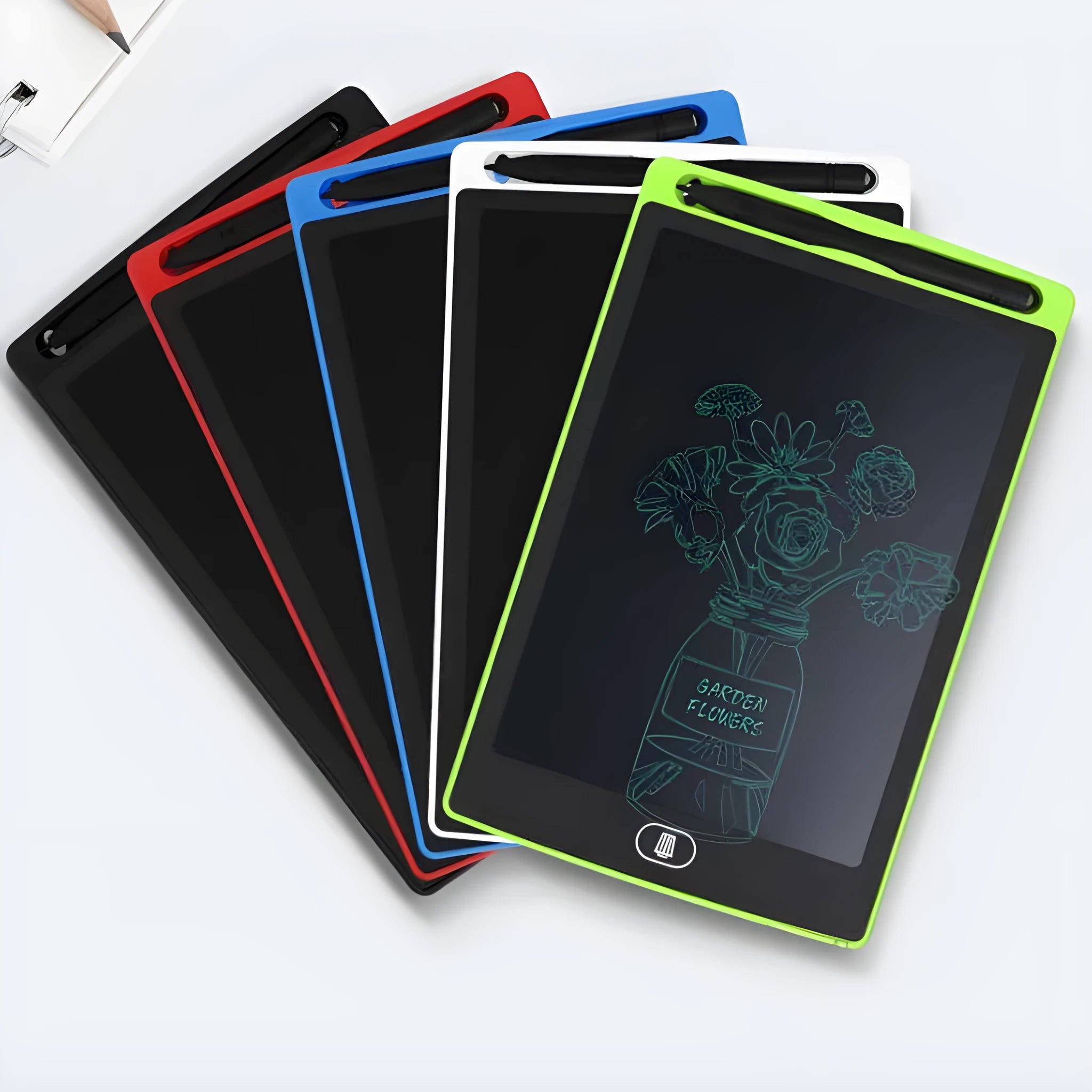 Children's electronic writing board with pressure-sensitive stylus in black, white, red or green colours