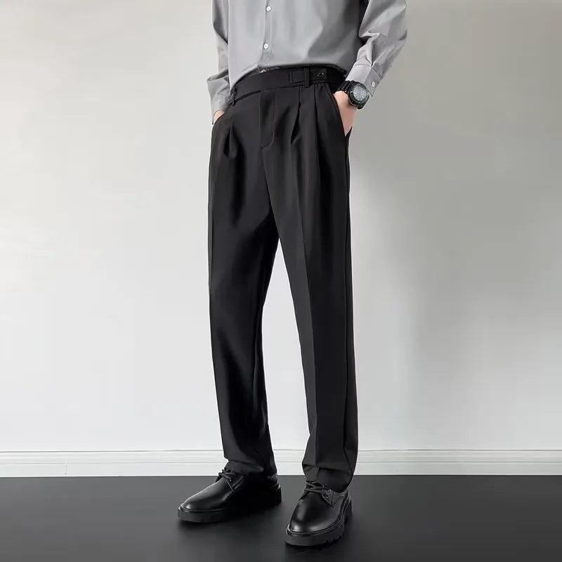 Men's straight cut loose fitting suit trousers in black and apricot colours