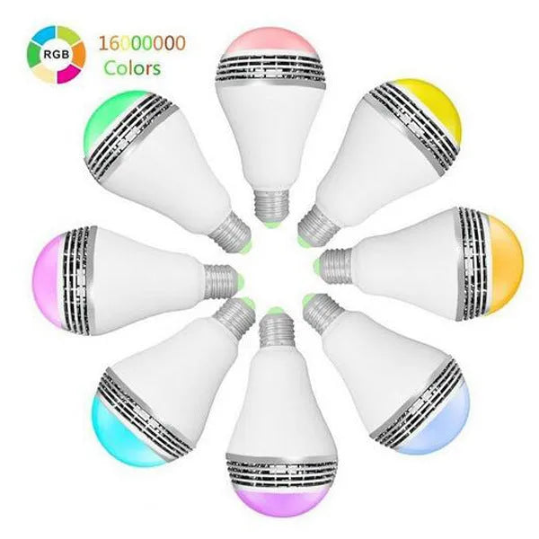E27 LED smart bulb with Bluetooth speaker functionality showing dimensions and RGB lighting