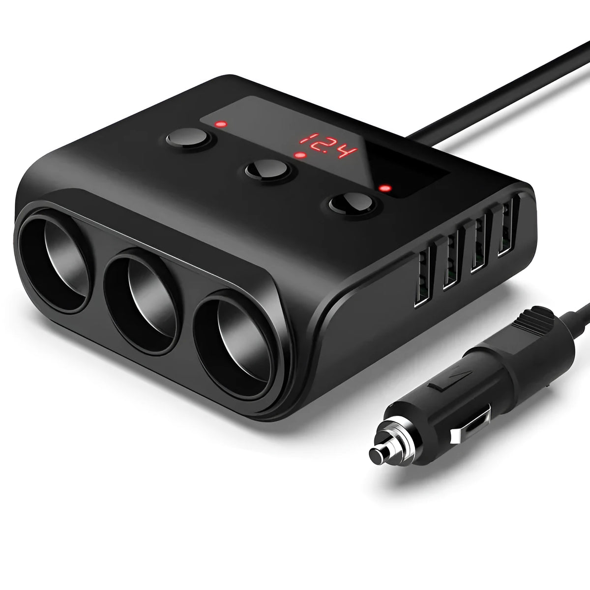 Black ABS car charger with 4 USB ports and 3 cigarette lighter ports on a 12V extension cable