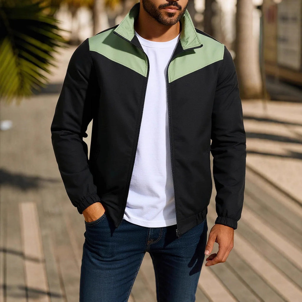 Men's windproof polyester jacket with high collar and colour matching zipper in green, khaki, or red options
