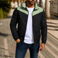 Men's windproof polyester jacket with high collar and colour matching zipper in green, khaki, or red options