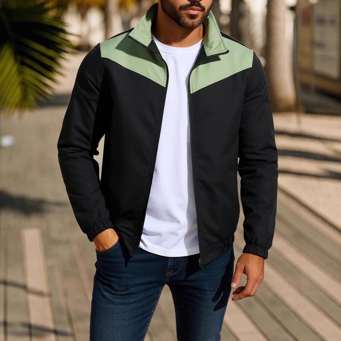 Men's windproof polyester jacket with high collar and colour matching zipper in green, khaki, or red options