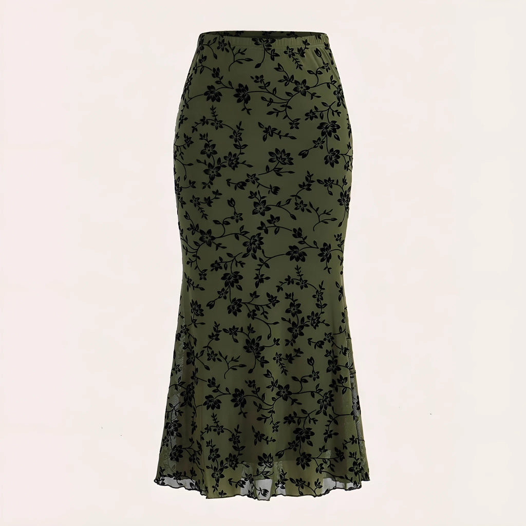 Dark green floral half-length fishtail skirt for women with polyester fabric and elastic waist