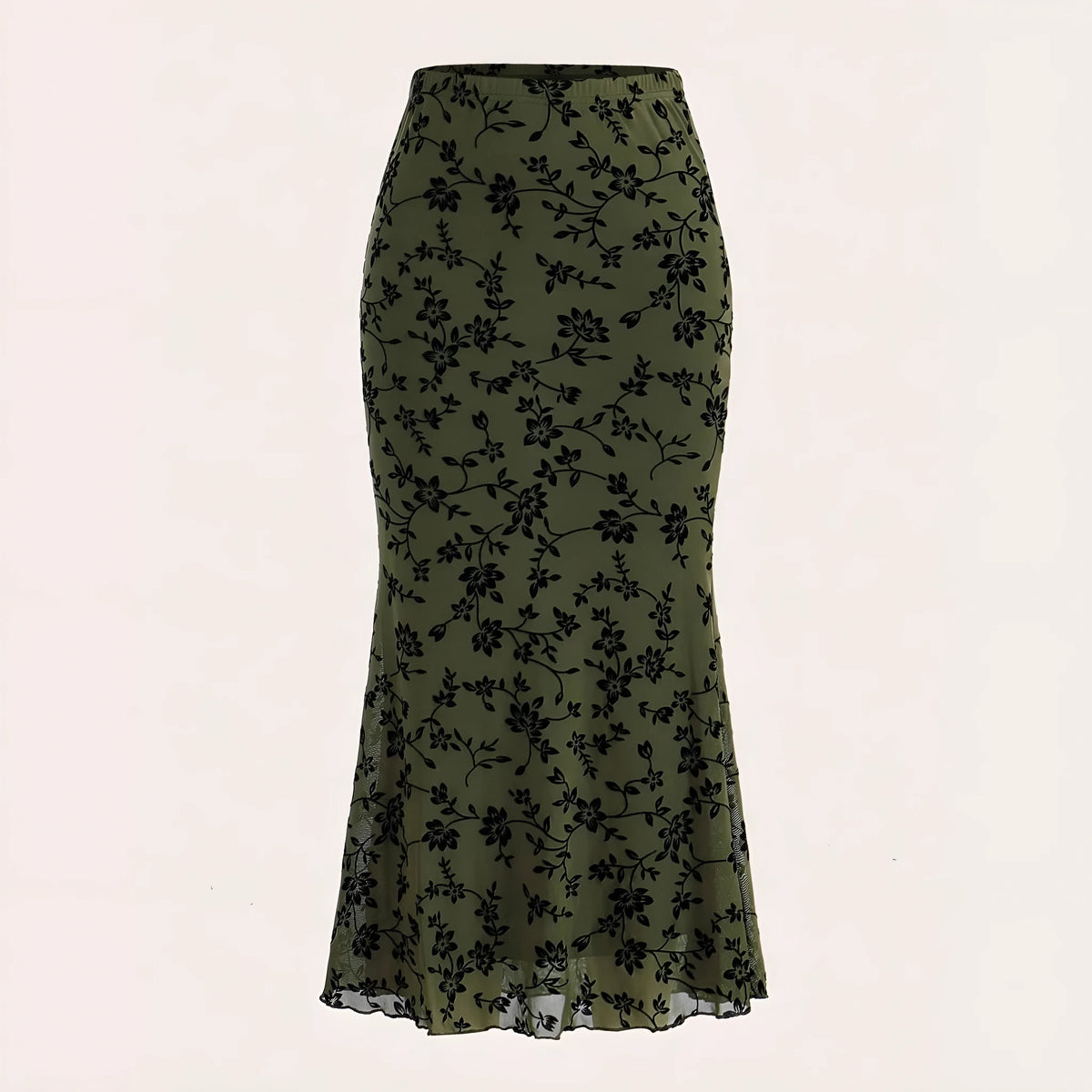 Dark green floral half-length fishtail skirt for women with polyester fabric and elastic waist