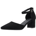 Women's solid colour suede hollow high heels with thick heel in black, side view, sizes 30-45