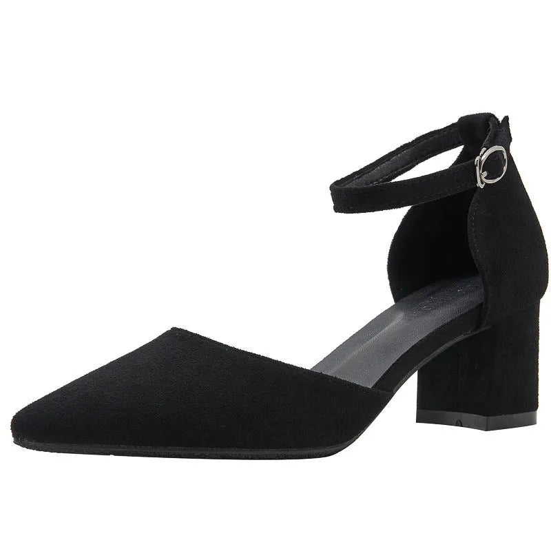 Women's solid colour suede hollow high heels with thick heel in black, side view, sizes 30-45