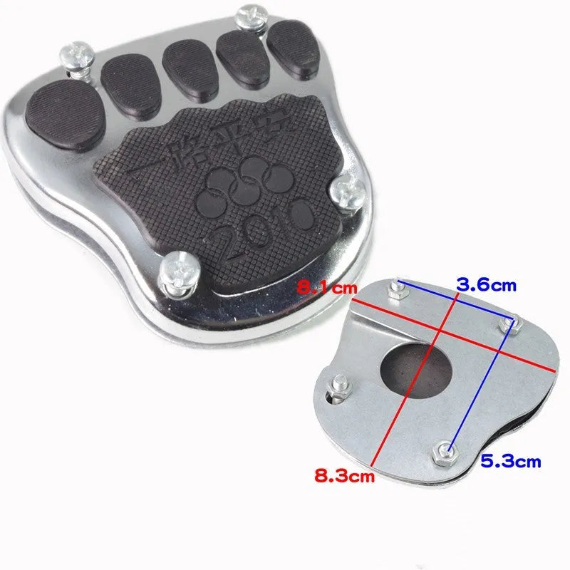 Metal motorcycle brake pedal skid plate shown in universal fit for foot pedal protection.