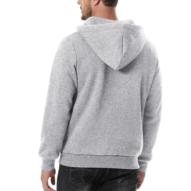 Men's heavy fleece-lined half-zip hooded sweatshirt in solid colour with zip front and hood