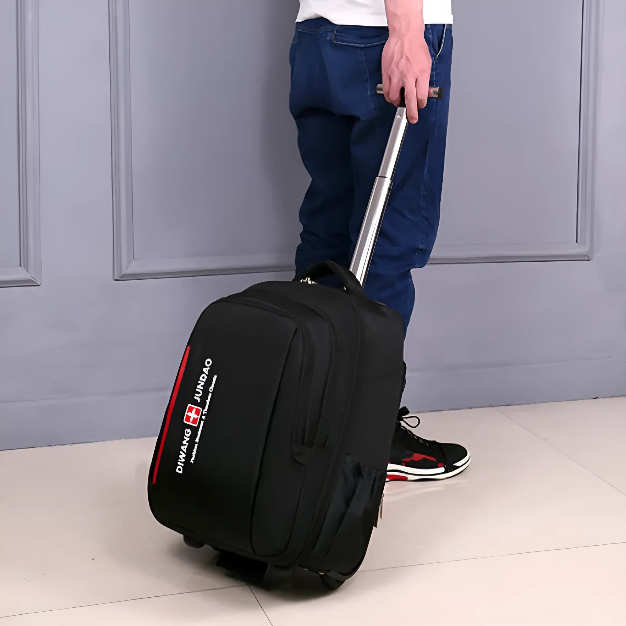Black 18-inch nylon business backpack trolley bag with letter pattern lining and shoulder straps