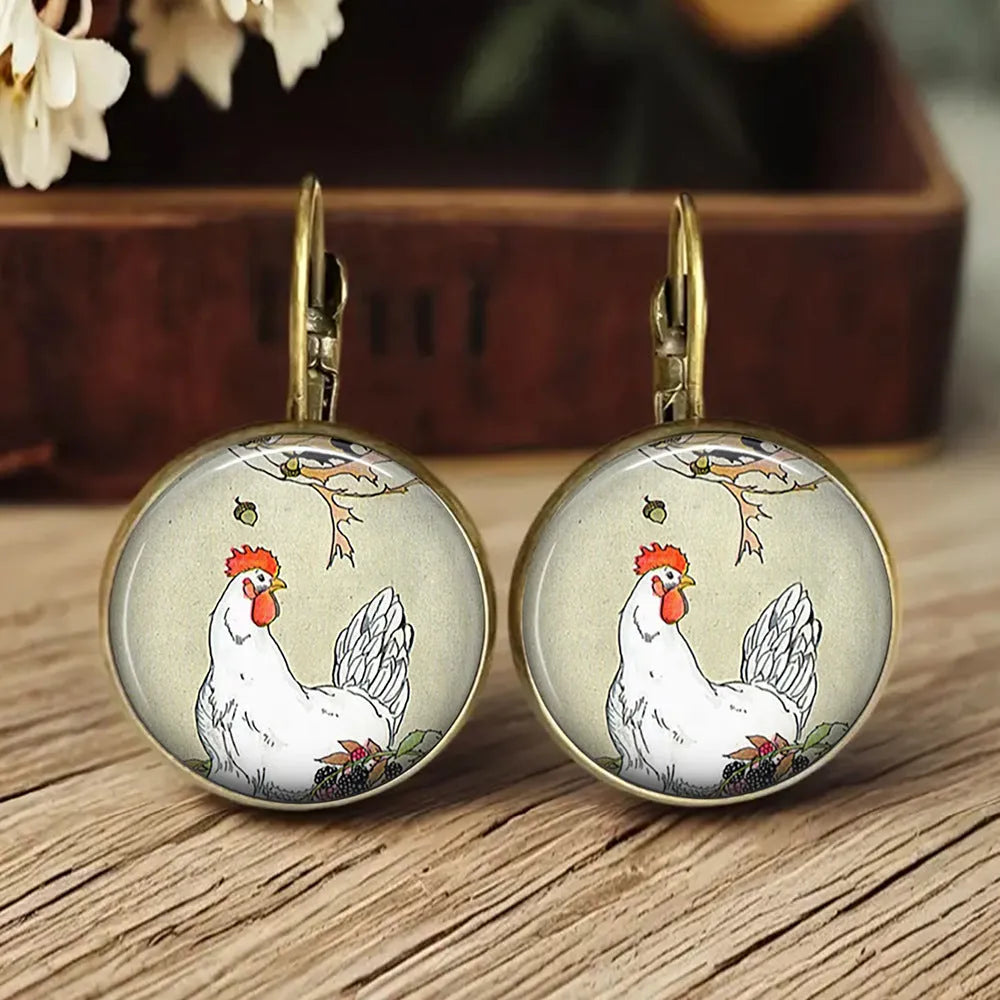 Handmade retro cartoon animal earrings in fox, cat, and chicken designs with alloy and gem glass construction