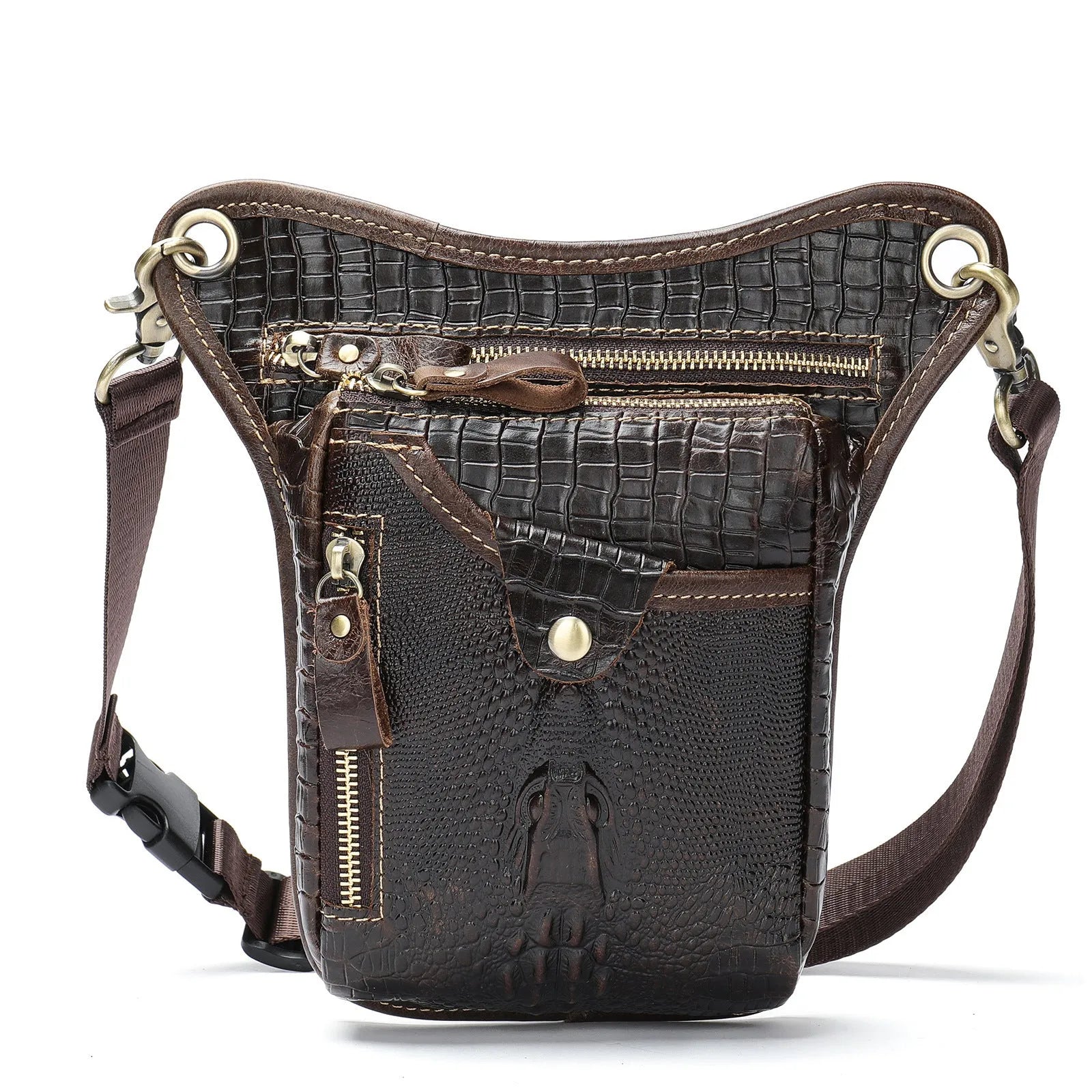 Men's brown crazy horse leather vintage satchel bag with flap closure and adjustable shoulder strap.