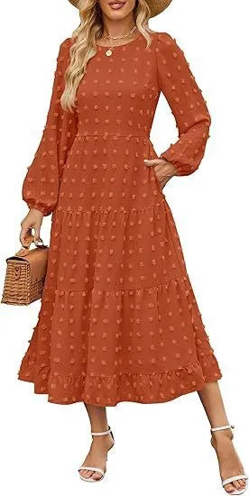 Autumn long sleeve dress with high waist and ruffle sleeves in solid colour options