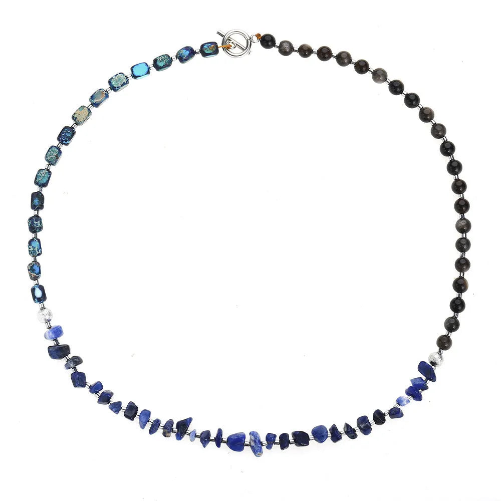 Blue hand-woven multi-layer bracelet with crushed Fang Hui stone and gold obsidian geometric design