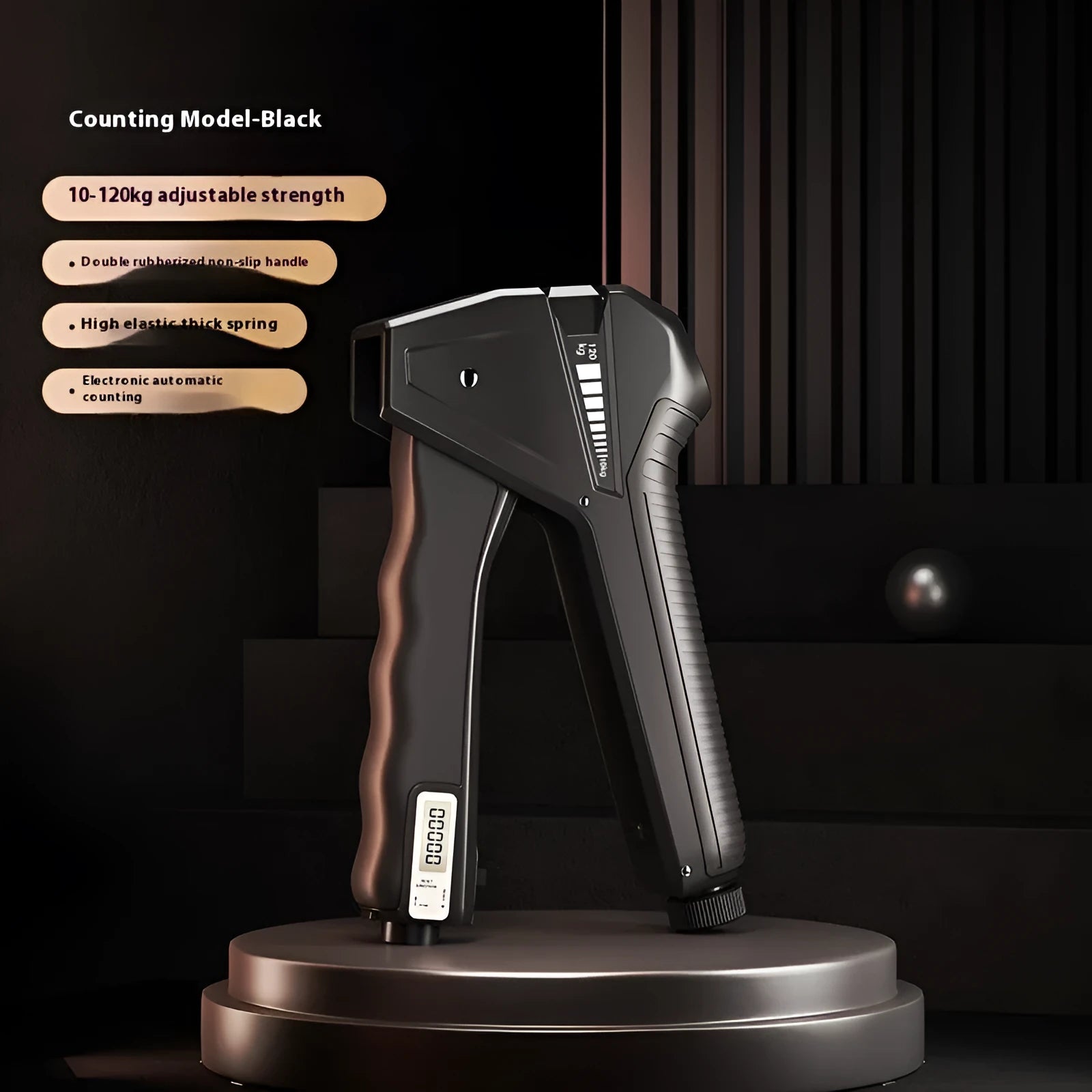 Adjustable hand gripper fitness equipment with a mechanical counter and dial on a coloured PP plastic frame.