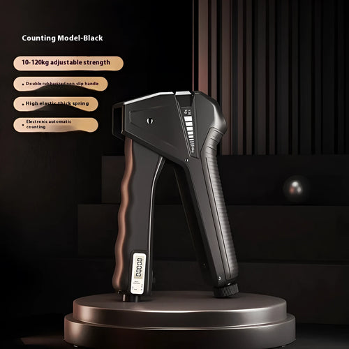 Adjustable hand gripper fitness equipment with a mechanical counter and dial on a coloured PP plastic frame.