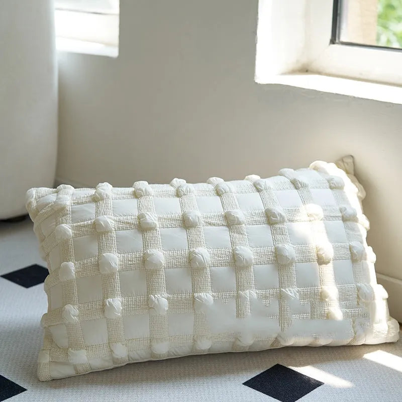 Coffee brown striped mid-century cushion pillow on sofa in square and rectangular sizes