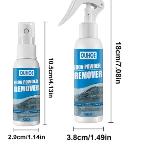 Automotive rust remover spray bottle with blue square sponge applicator for car surface treatment