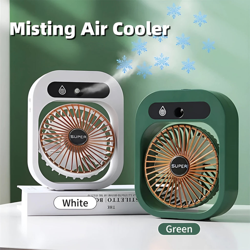 Green USB rechargeable misting fan with 3 speed settings and adjustable head on a desk