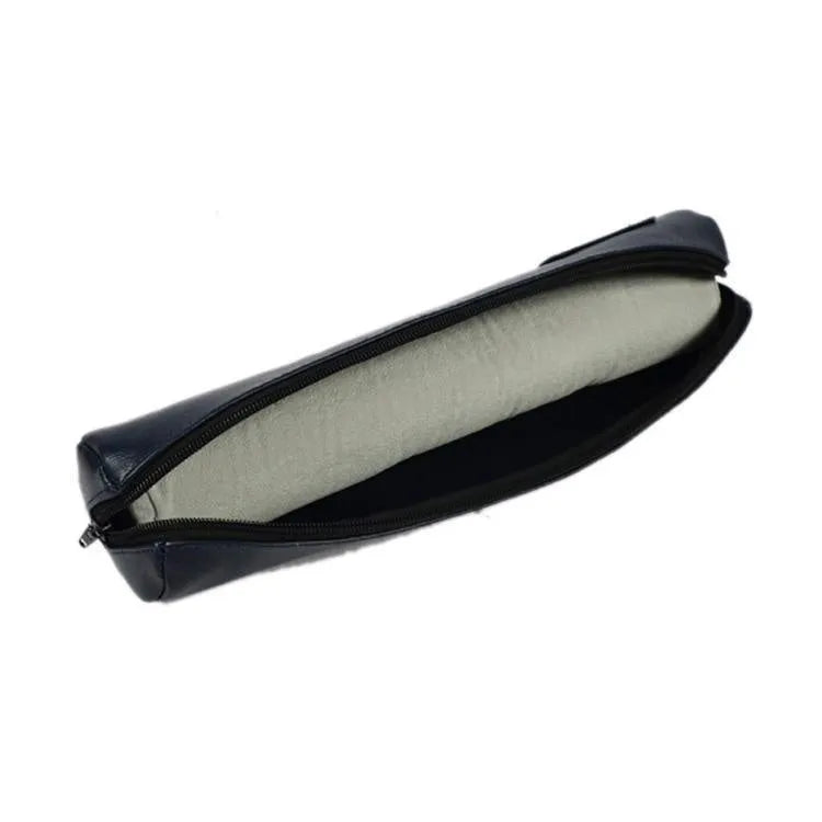 Portable bracelet watch storage bag in black leather with black bracelet stick on a flat surface