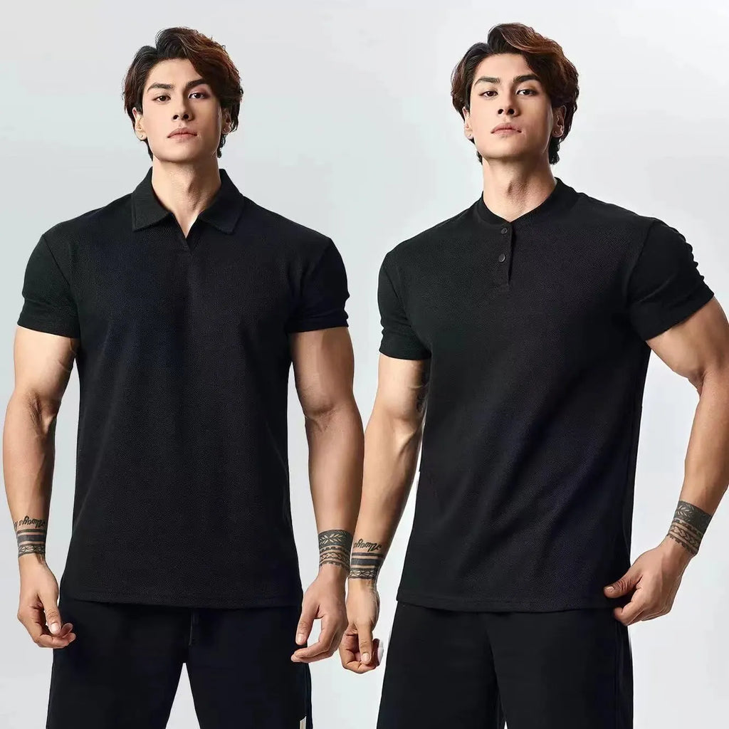 Men's loose fit retro t-shirt in white, black, or grey with choice of Henry or polo collar