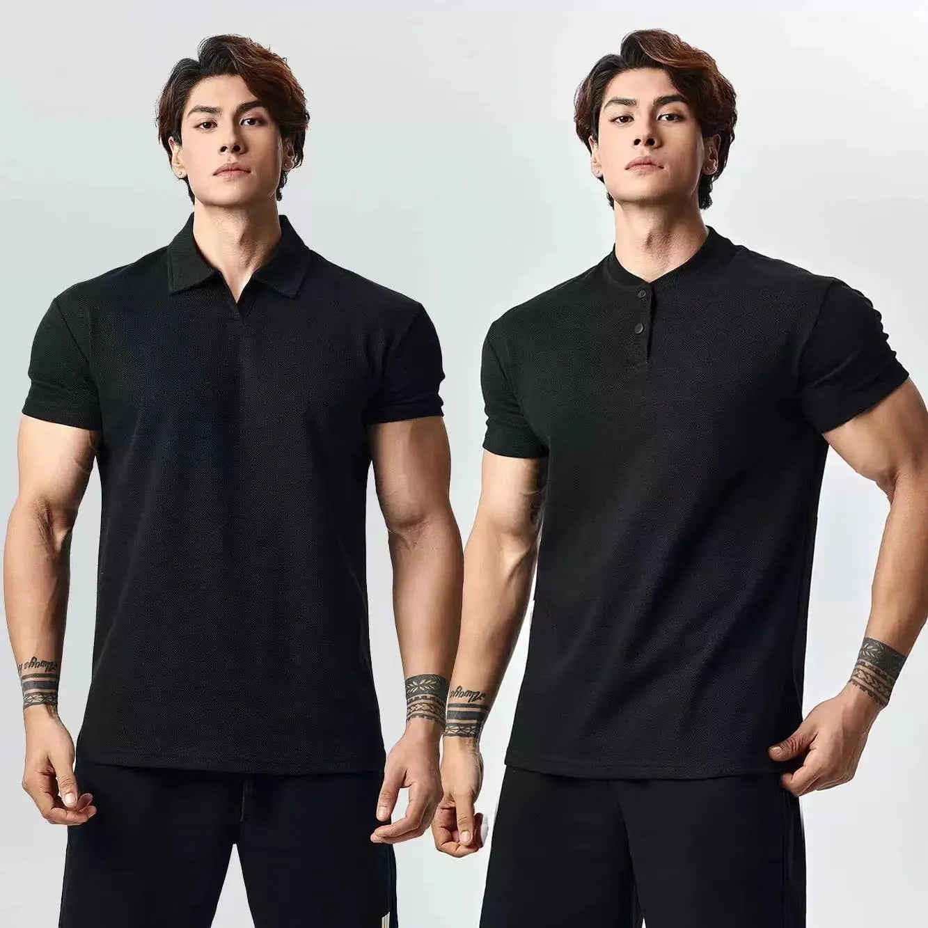 Men's loose fit retro t-shirt in white, black, or grey with choice of Henry or polo collar