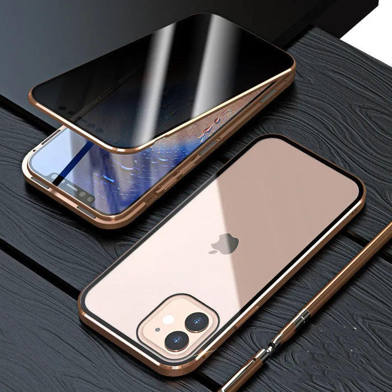 Magnetic privacy glass iPhone case in black showing anti-peeping screen protection feature