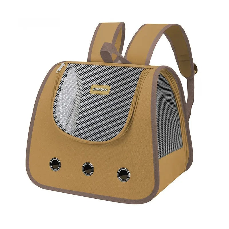 Light blue Oxford fabric cat backpack carrier with mesh panel, shown on a person's back.