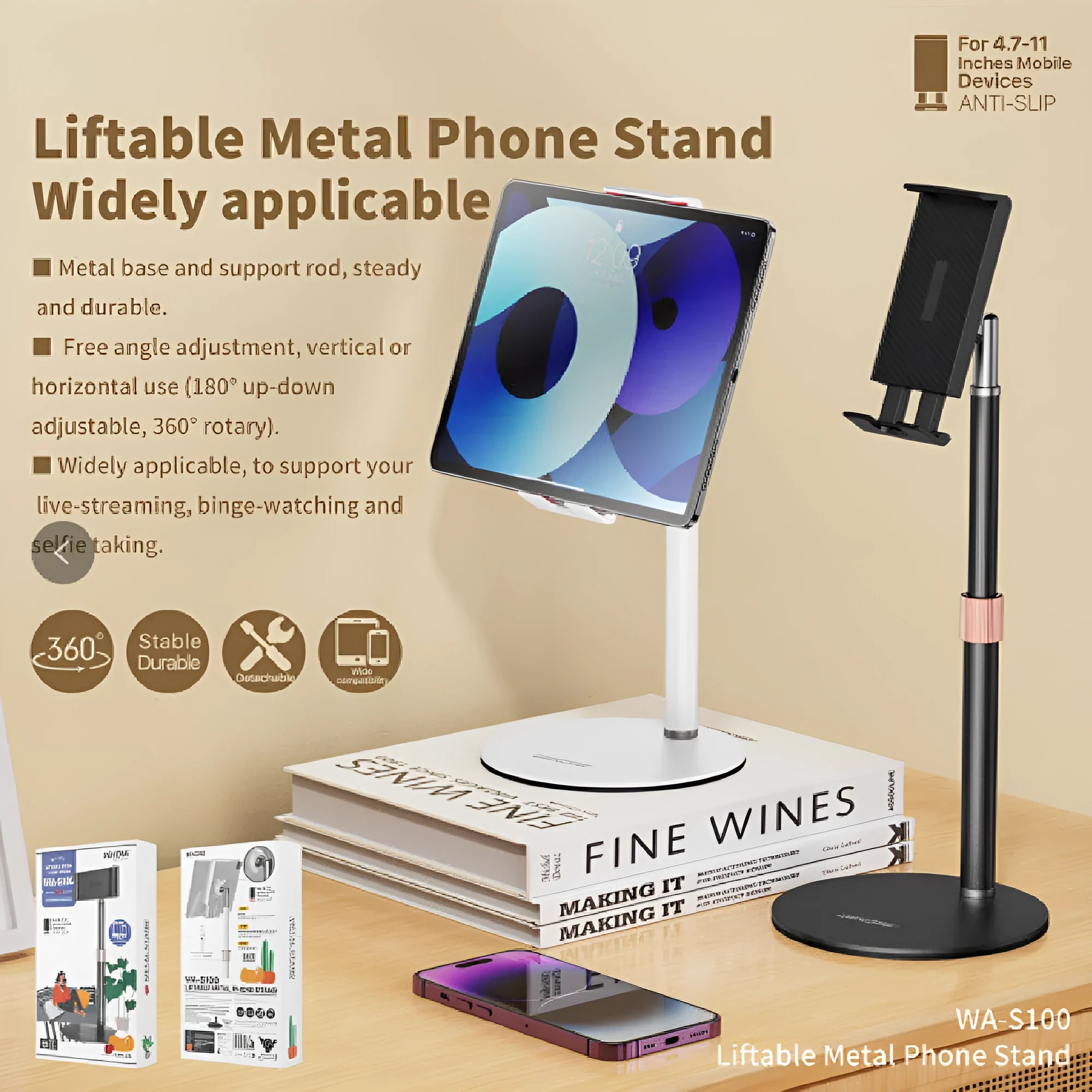 Black adjustable lifting metal bracket holding a tablet, showing extended telescopic arm.