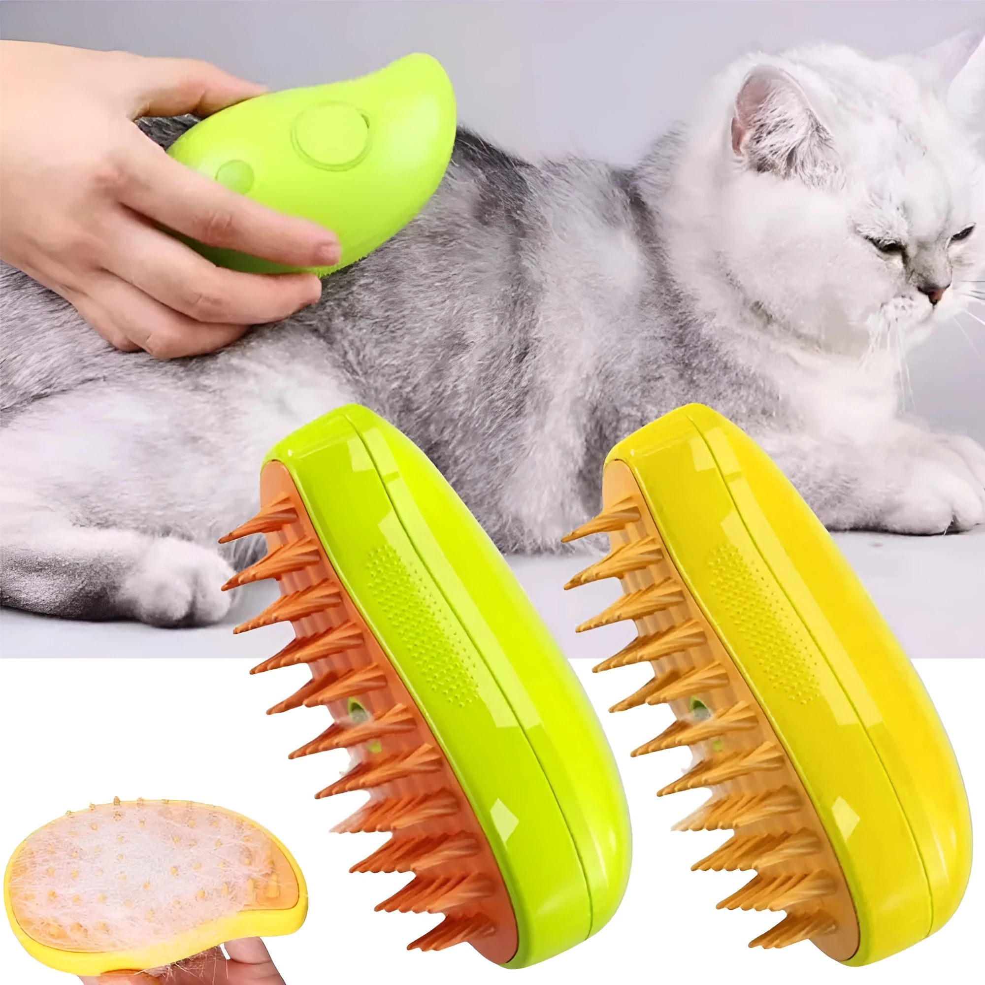 3-in-1 pet steam brush in green for cats and dogs, plastic construction, compact size