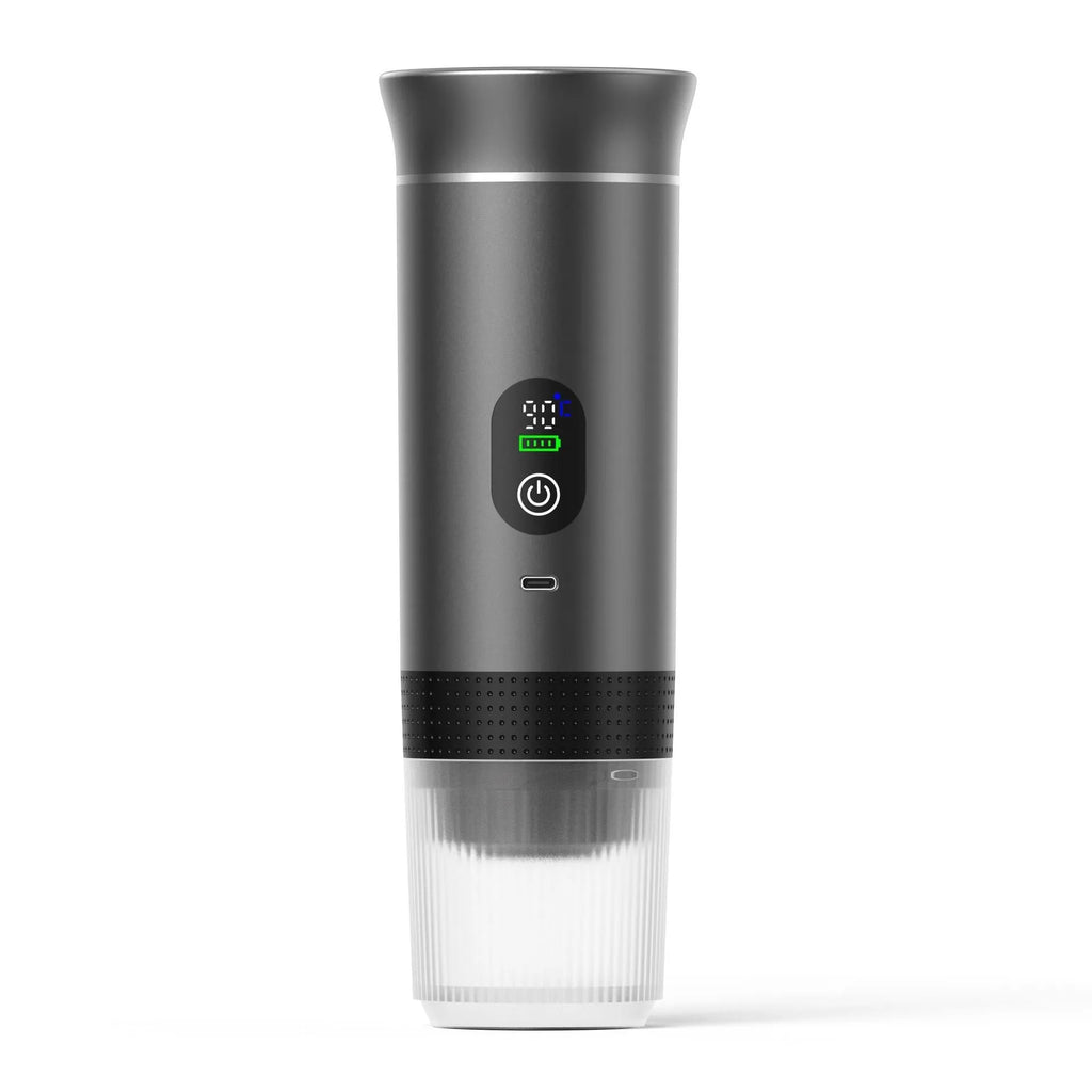 Portable electric capsule coffee machine in black colour with LCD display and compact design for outdoor use