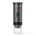 Portable electric capsule coffee machine in black colour with LCD display and compact design for outdoor use