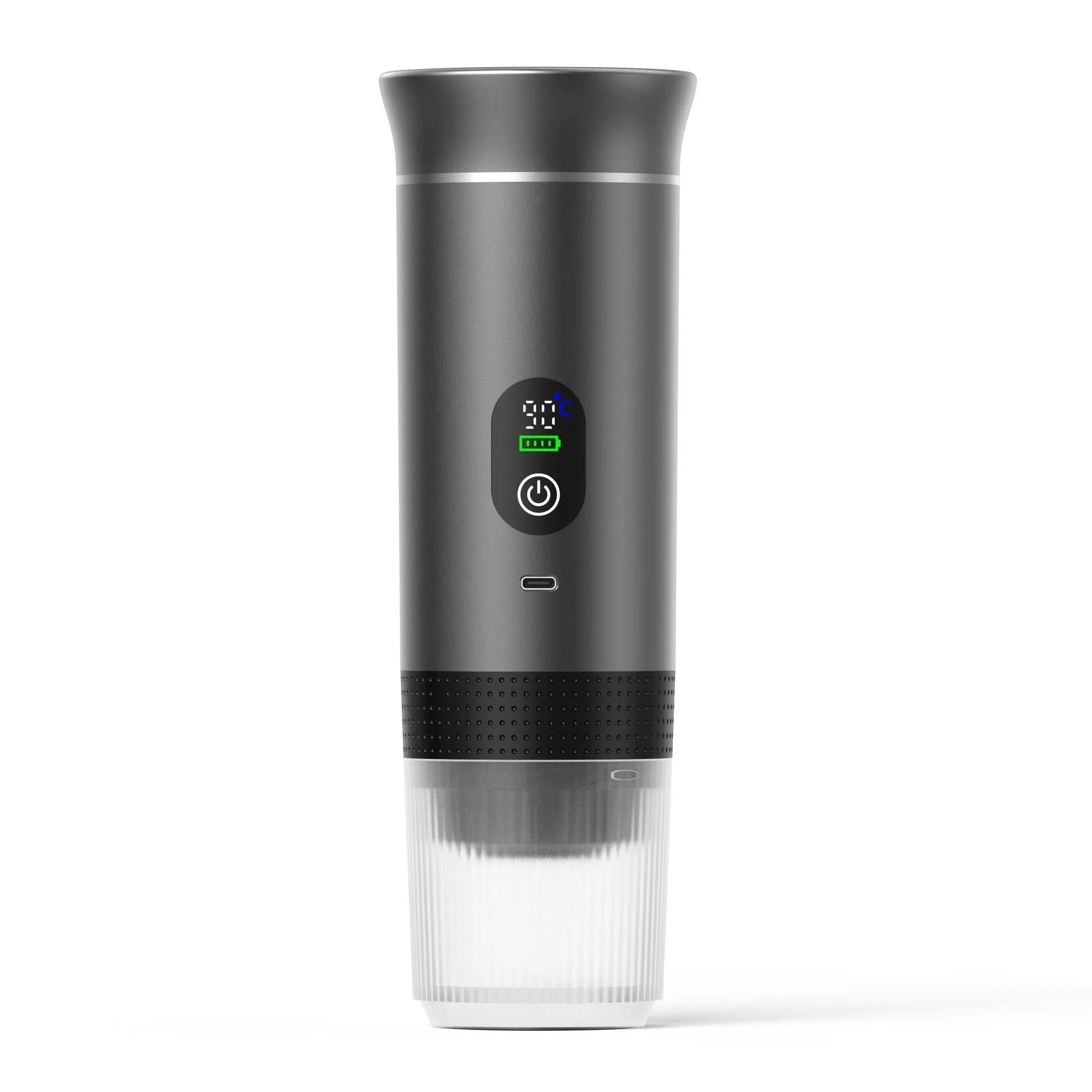 Portable electric capsule coffee machine in black colour with LCD display and compact design for outdoor use