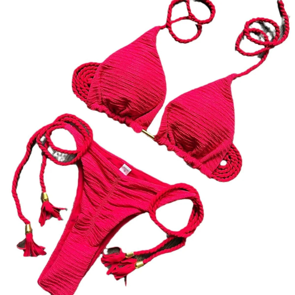 Women's braided rope bikini suit in solid colour, cotton lined, for swimming and wading.