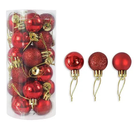 Assortment of 3cm shiny matte Christmas ball decorations in gold, red, silver, blue, and pink colours.