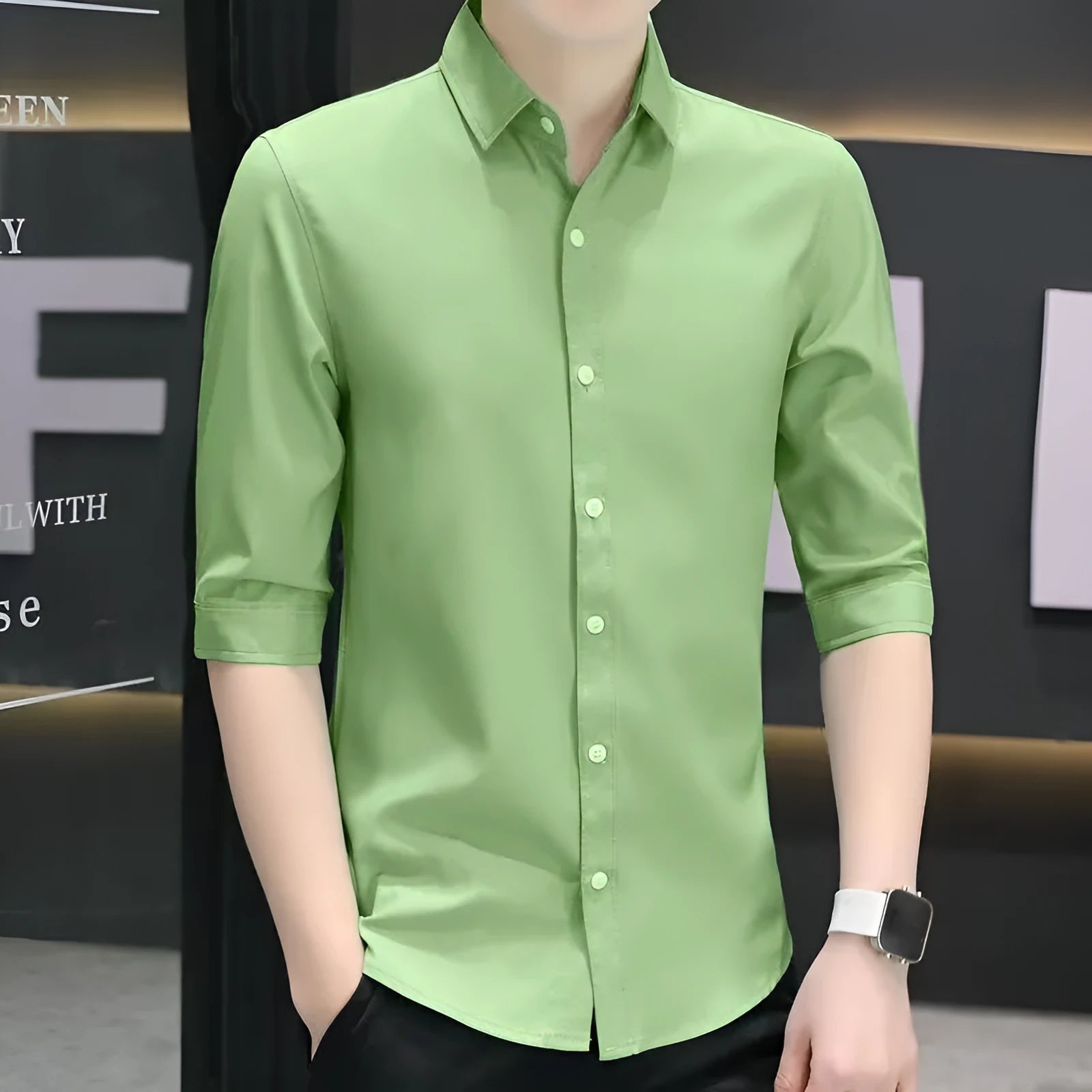 Men's slim-fit half-sleeve shirt in linen blend fabric shown in light blue colour.